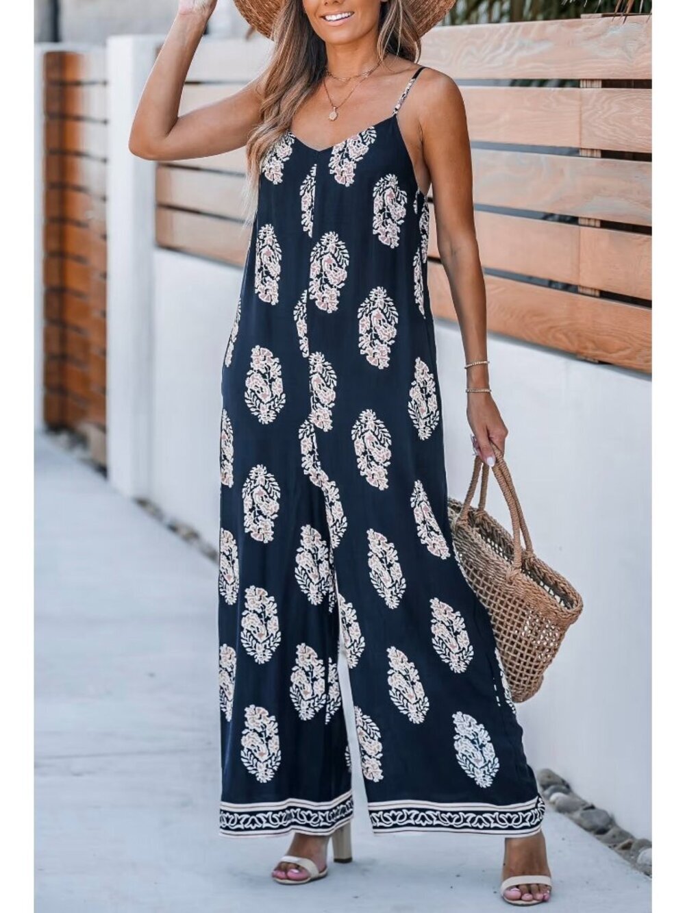 NWT Cupshe Navy Ornate Sleeveless Straight Leg Jumpsuit - Size: Small